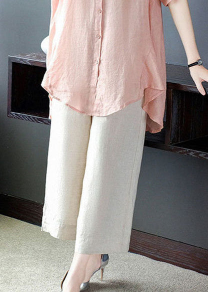 Classy Pink Stand Collar Embroideried Button Cotton Long Shirts and Pants Two Pieces Set Half Sleeve