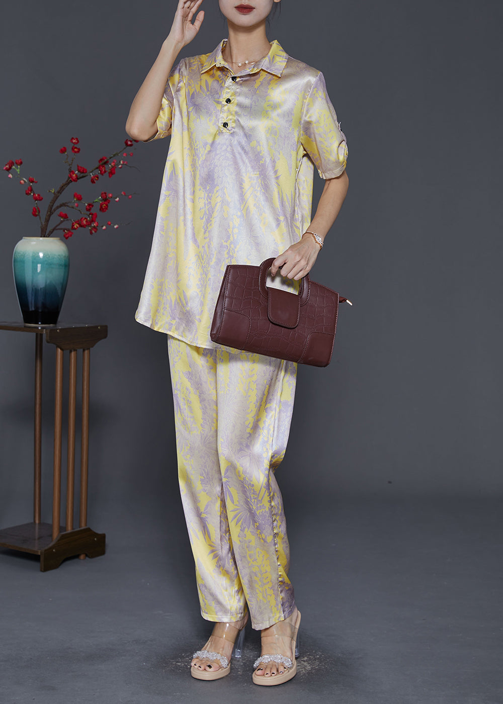 Yellow Peter Pan Collar Print Silk Two-piece Set Fall
