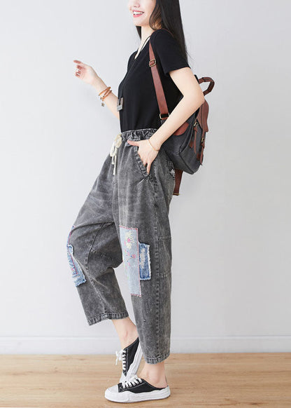 Grey Embroideried Patchwork Applique Cotton Denim Pants Spring