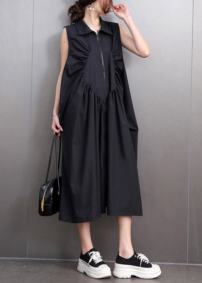 Black Zip Up Wrinkled Cotton Maxi Dresses Sleeveless