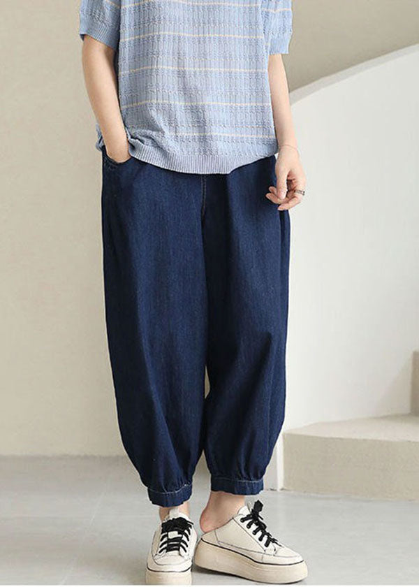 Navy Elastic Waist Drawstring Pockets Cotton Denim Beam Pants Summer