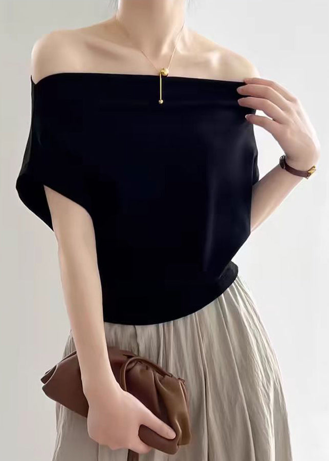 Black Slash Neck Cotton T Shirt Summer