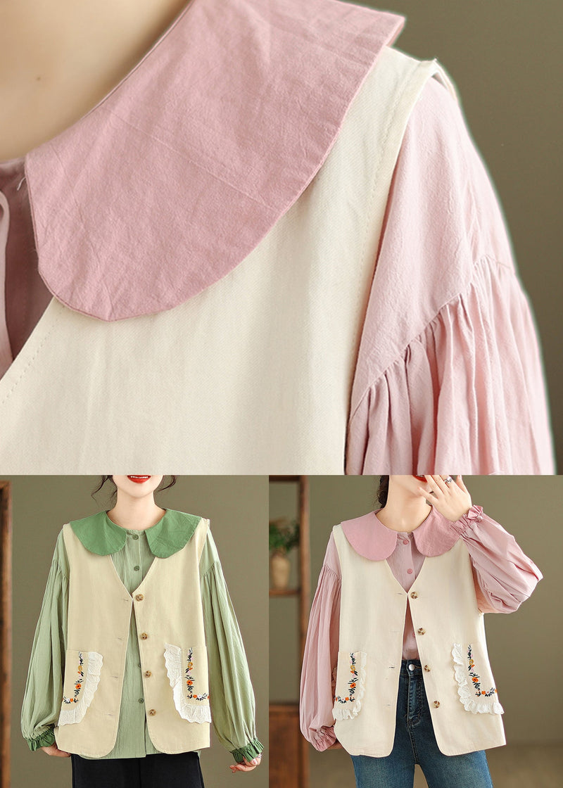 New Khaki Waistcoat and Green Ruffled Blouses Cotton 2 Piece Outfit Fall