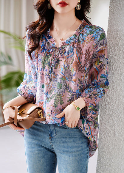 Purple Ruffled Print Lace Up Cotton Shirt Tops Fall
