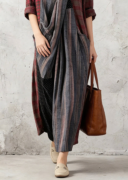 New Red Plaid Oversize V Neck Patchwork Linen Clothing Dress Pockets Asymmetrical Design Caftans Spring