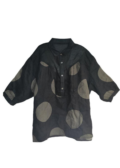 Black Peter Pan Collar Dot Linen Shirt Tops Half Sleeve