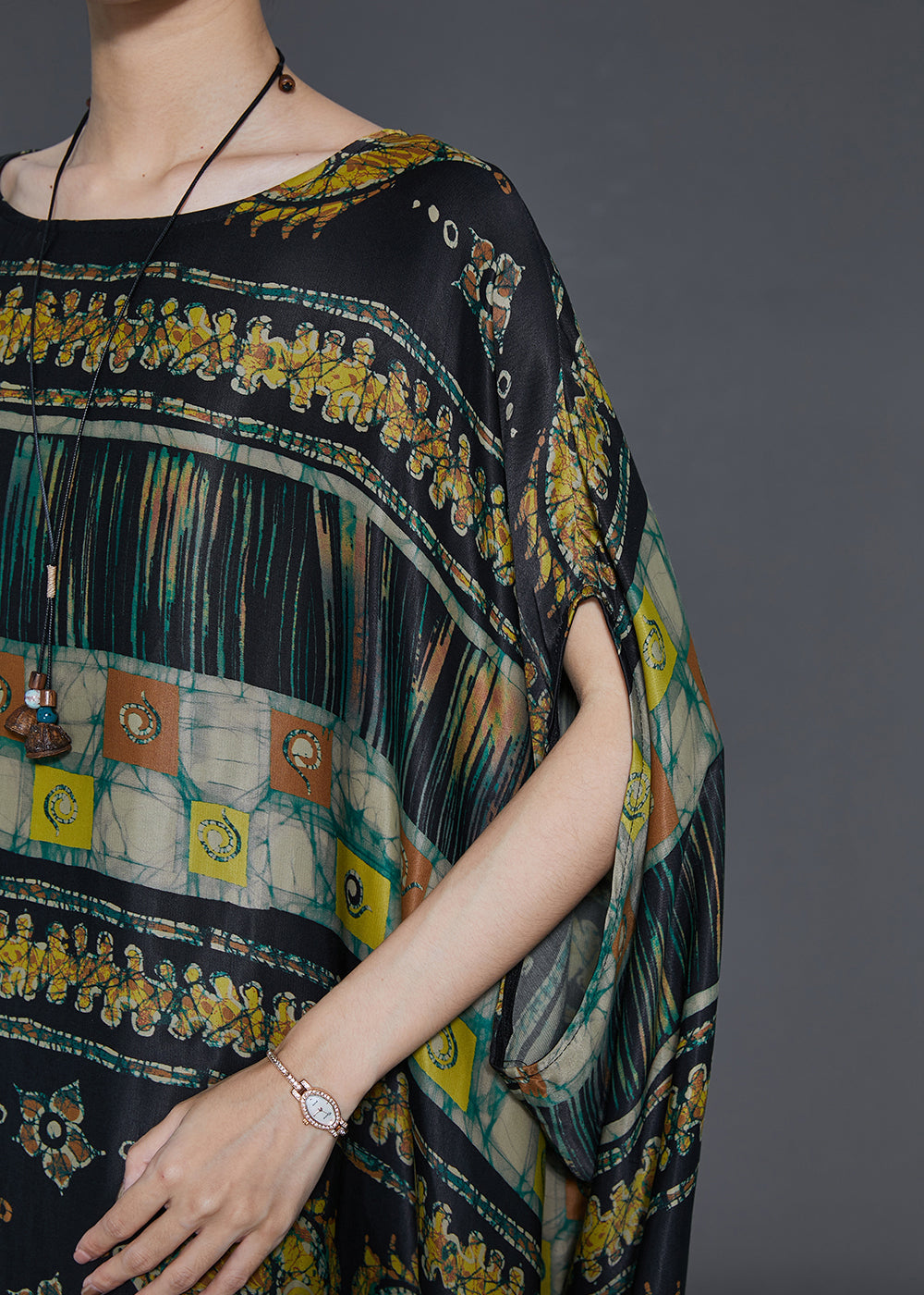Black Oversized Print Silk Long Dresses Batwing Sleeve