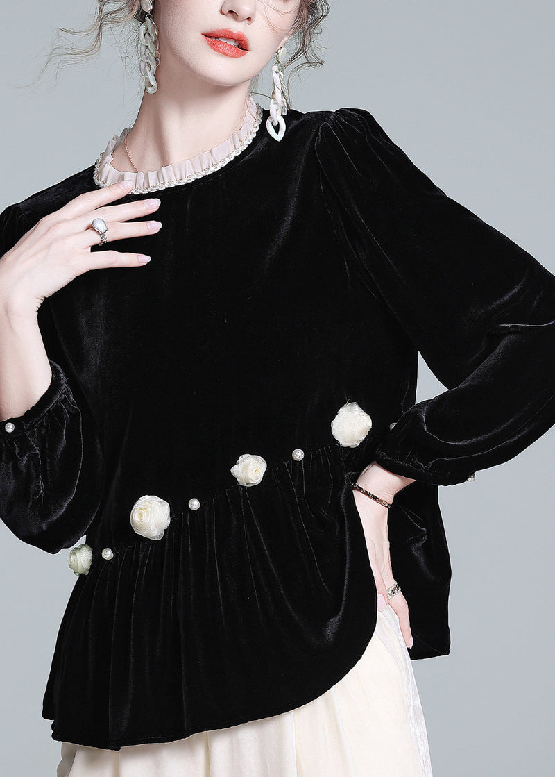 French Black O-neck Wrinkled Silk Velour Top Lantern Sleeve