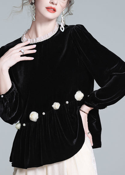 French Black O-neck Wrinkled Silk Velour Top Lantern Sleeve
