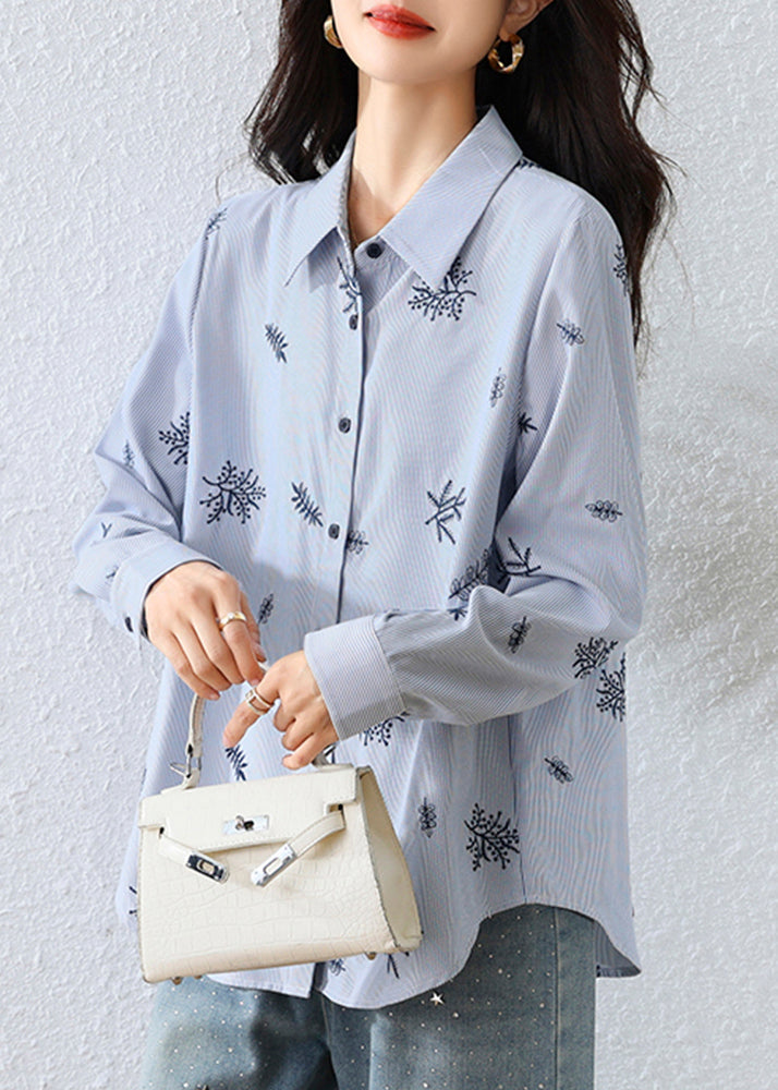 Blue Embroidered Striped Cotton Top Fall