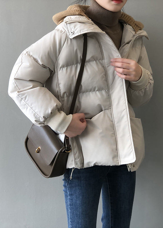 Organic Beige Hooded Pockets Fine Cotton Filled Witner Coat Winter