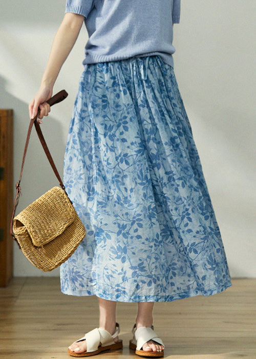 Blue Print Lace Up Elastic Waist Cotton Skirt Spring
