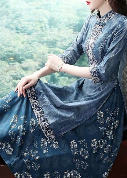 Blue Stand Collar Side Open Embroideried Patchwork Denim Dress Three Quarter Sleeve