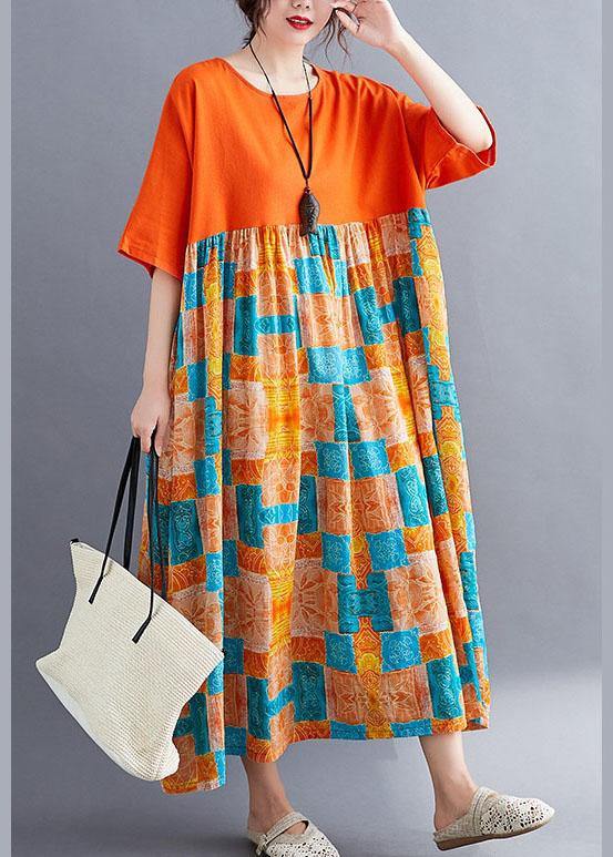 Fine Orange Loose Patchwork Print Summer Holiday Dress Half Sleeve
