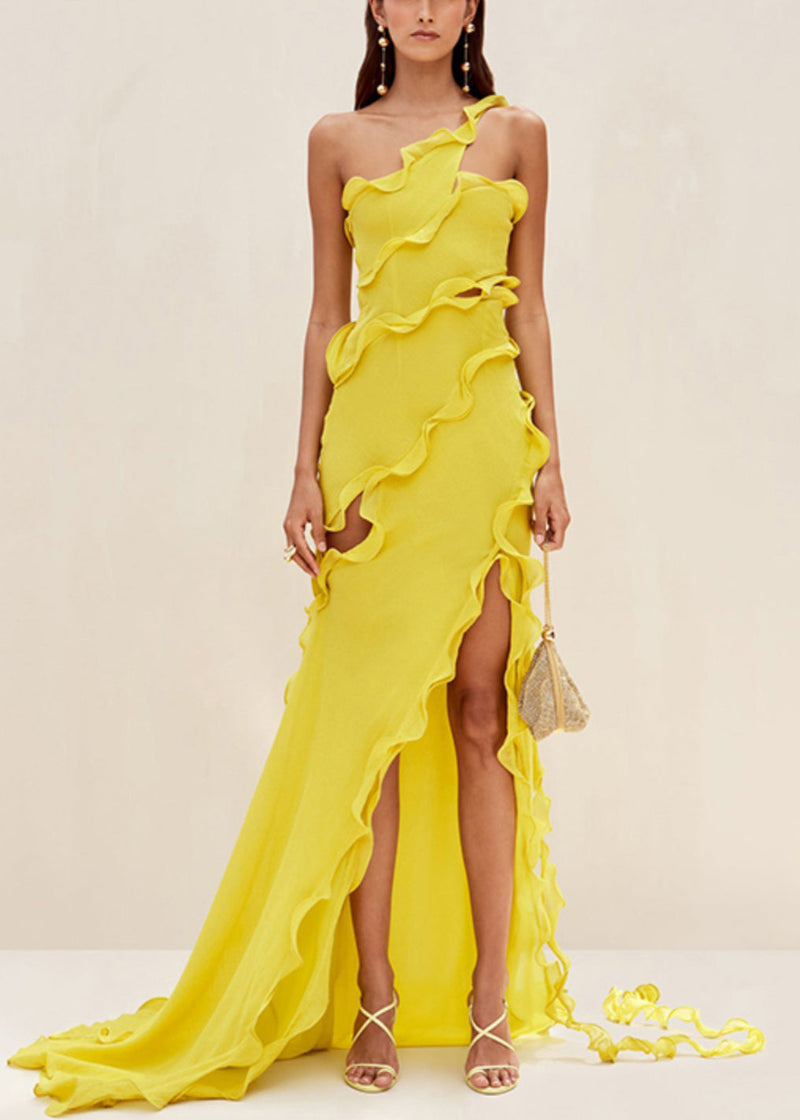 Slim Fit Yellow Asymmetrical Ruffled Hollow Out Chiffon Long Dresses Sleeveless