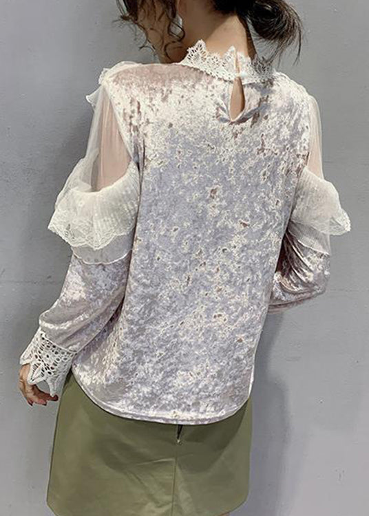 Pink Turtleneck Velour Lace Patchwork Tulle Tops Bottoming Shirt