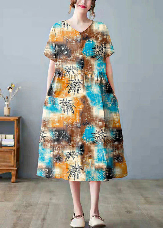 Gray Geometry Print Bamboo Pockets Print O Neck Dress