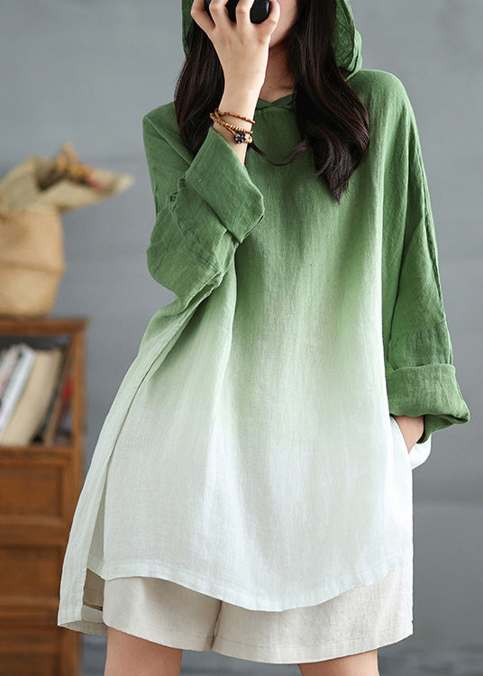 Gradient Green Hooded Linen Loose Sweatshirts Spring