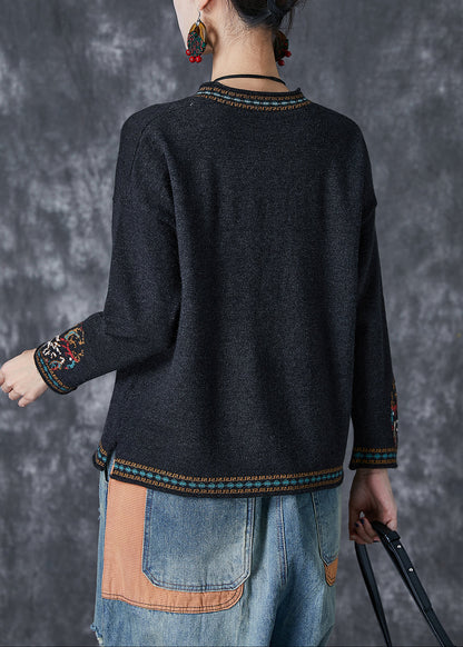 Black O-neck Print Cotton Blouses Fall