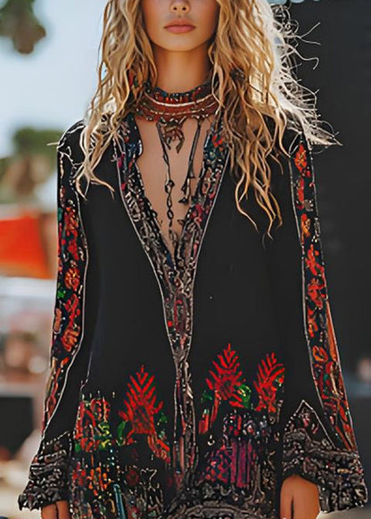 Style Black V Neck Print Cotton Mid Dresses Spring