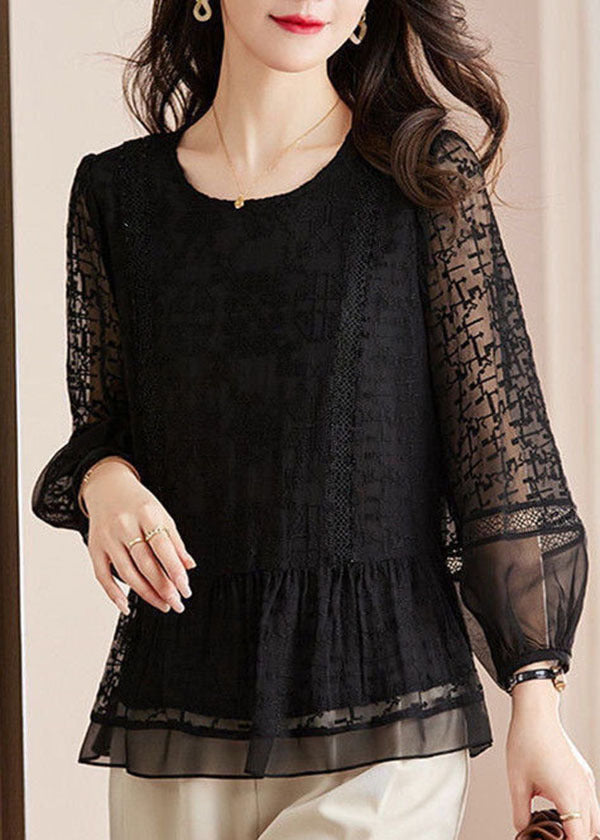 Simple Black O-neck Embroideried Patchwork Ruffled Large Hem Silk Top Long Sleeve