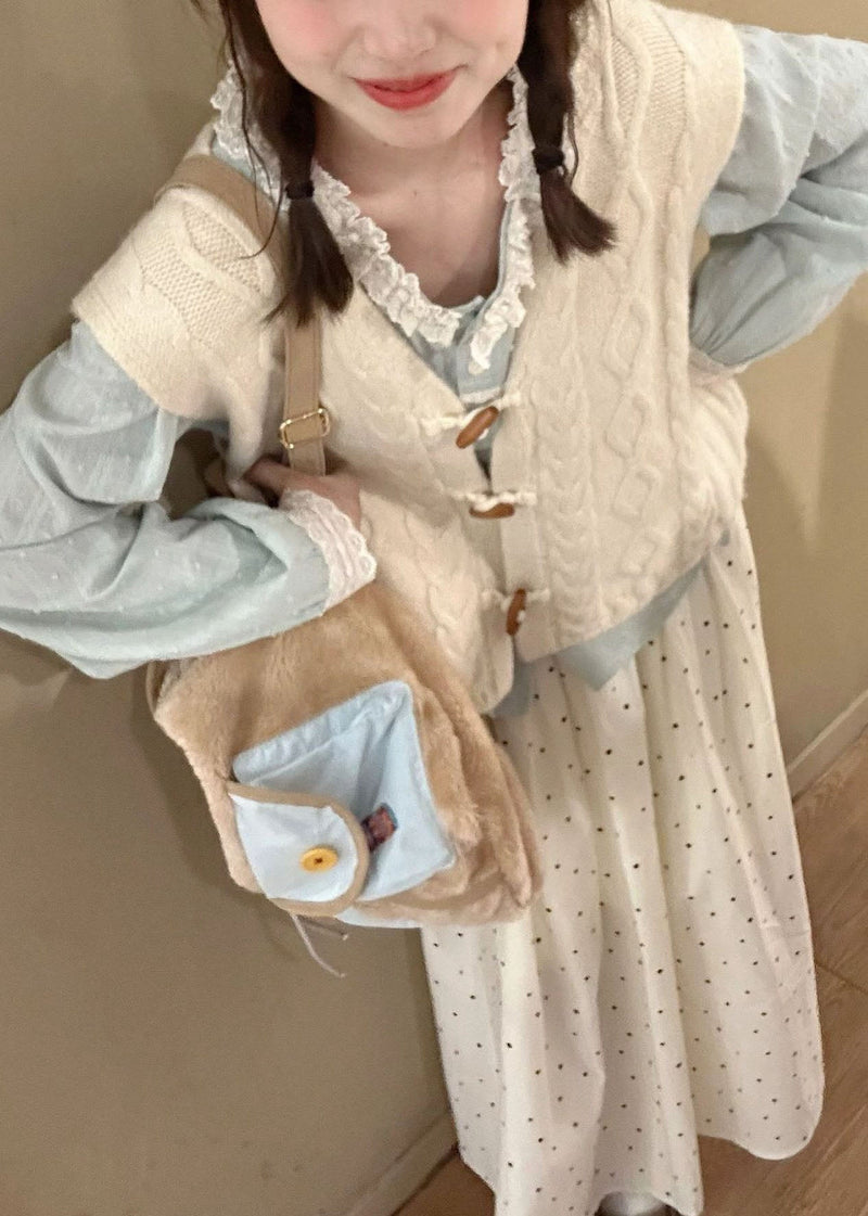 Beige V Neck Knit Waistcoat Shirts and Skirt Tress Piece Set Fall