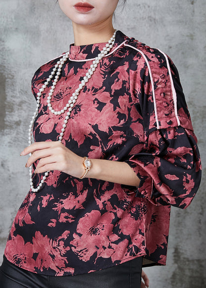 Brick Red Stand Collar Print Chiffon Shirt Top Lantern Sleeve