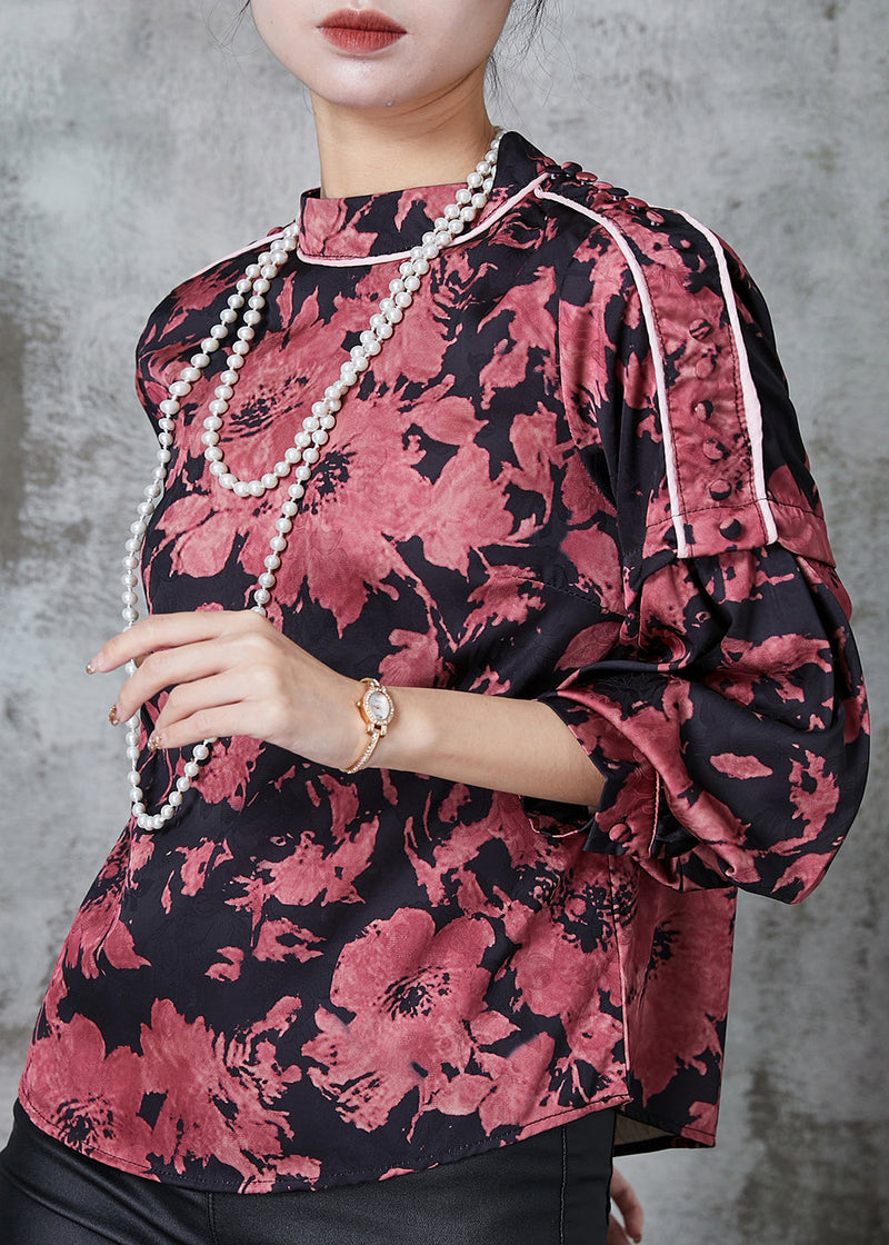 Brick Red Stand Collar Print Chiffon Shirt Top Lantern Sleeve