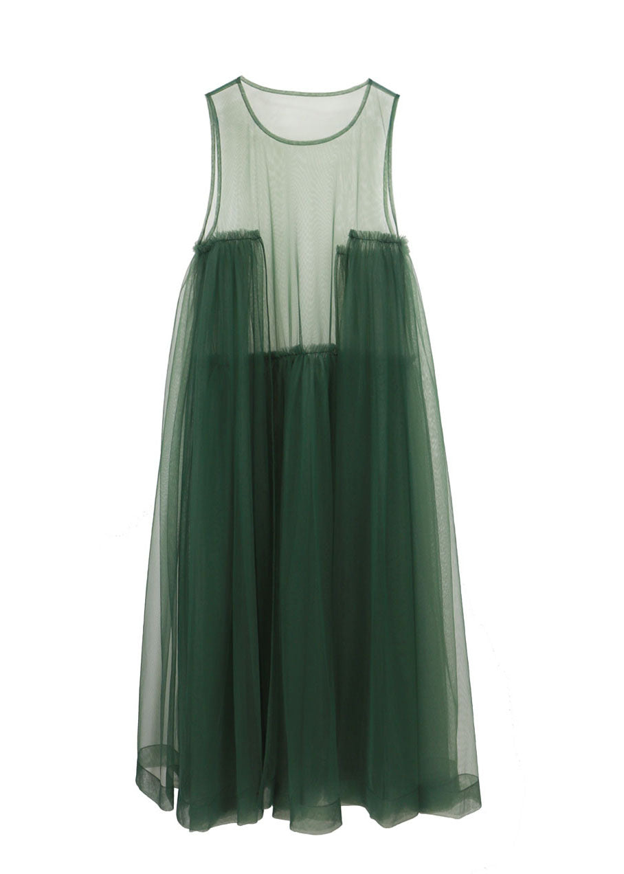 Blackish Green Tulle Long Dress Asymmetrical Exra Large Hem Sleeveless Spring
