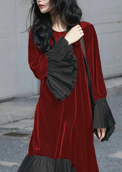 French Red O-neck Patchwork Silk Velvet Long Dress Flare Sleeve Fall