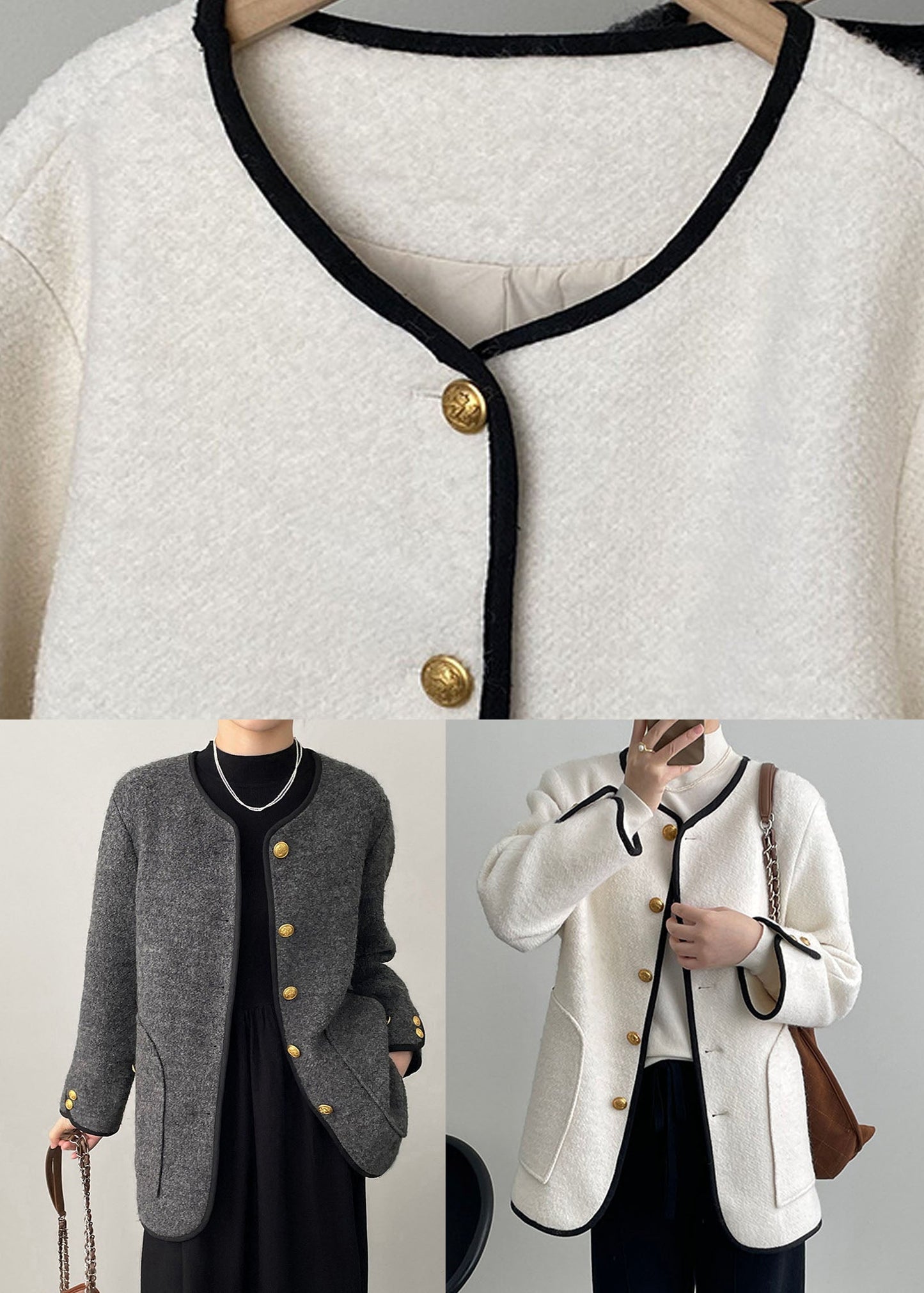 Grey O-neck Button Woolen Jackets Spring