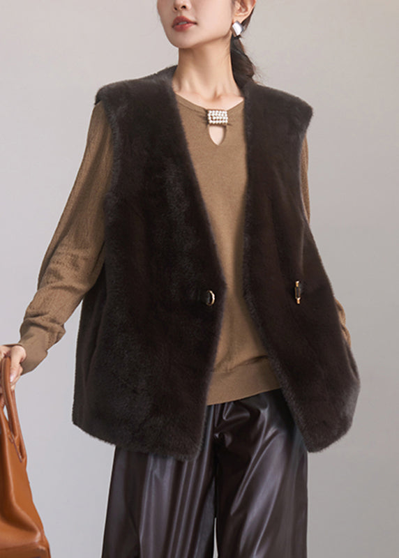 Brief Coffee V Neck Leather and Fur Waistcoat Spring
