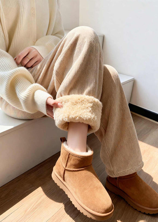 Khaki Pockets Patchwork Corduroy Fleece Pants Winter