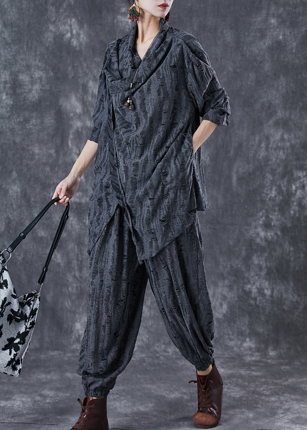 Grey Asymmetrical Cotton Ripped Two Pieces Set Fall