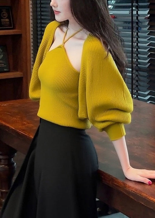 Stylish Yellow V Neck Lace Up Cardigan and Tank Knit Two Pieces Set Spring