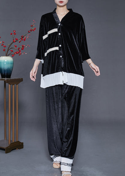 Style Black Oversized Patchwork Silk Velvet Sets 2 Pieces Fall