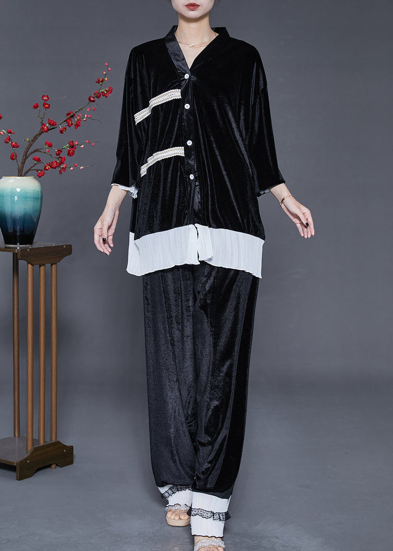 Style Black Oversized Patchwork Silk Velvet Sets 2 Pieces Fall