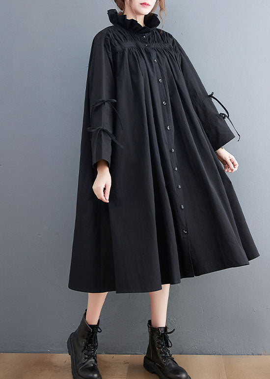 Black Ruffled Button Cotton Blouses Dresses Spring