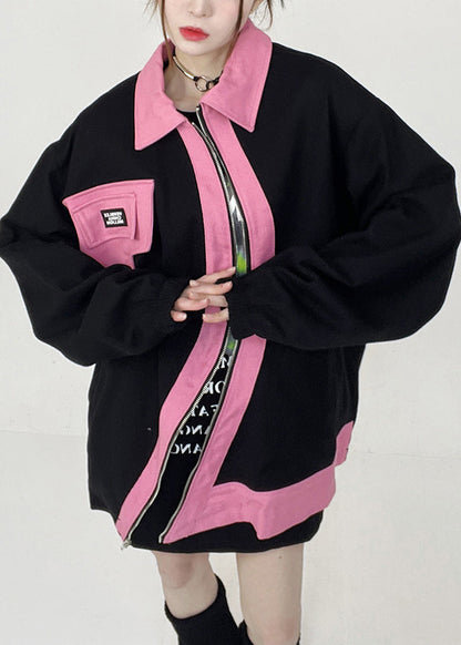 Black Peter Pan Collar Zip Up Cotton Coats Long Sleeve