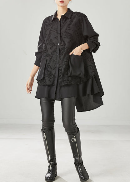 Black Asymmetrical Patchwork Cotton Shirt Dress Spring