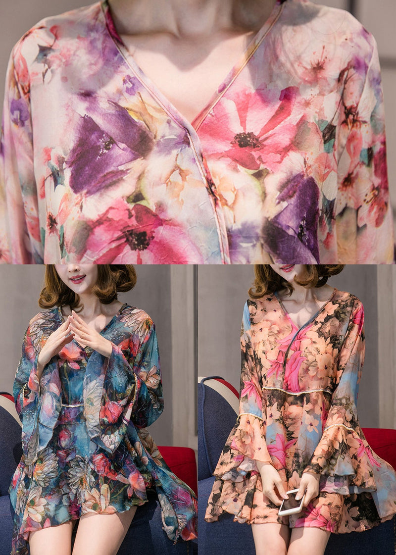 Blue V Neck Print Chiffon Shirt Tops Long Sleeve