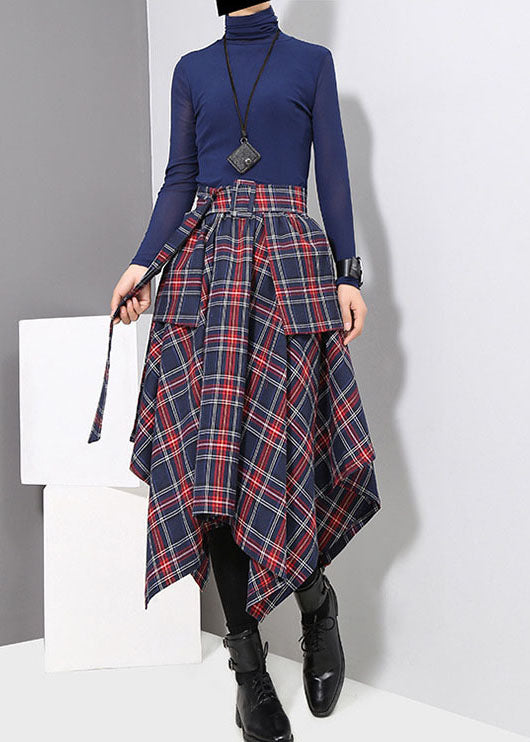 Dark Blue Tie Waist Asymmetrical a Line Skirts Spring