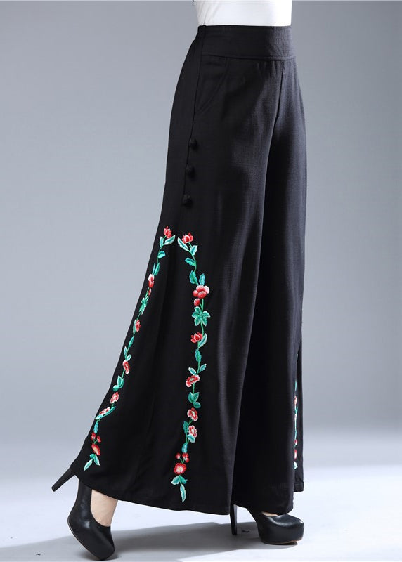 Modern Black Embroideried Elastic Waist Wide Leg Pants Fall