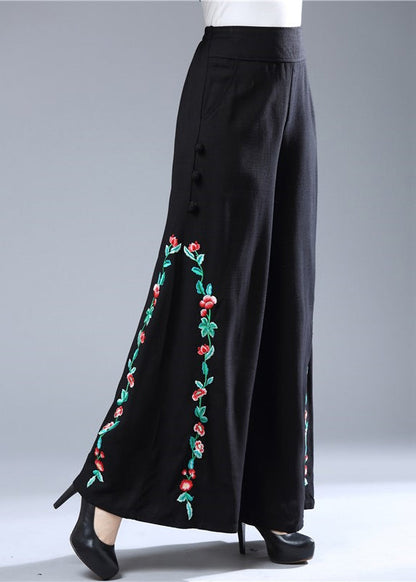 Modern Black Embroideried Elastic Waist Wide Leg Pants Fall