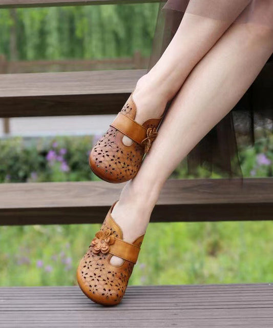 Caramel Hollow Out Cowhide Leather Chunky Heel Slide Sandals