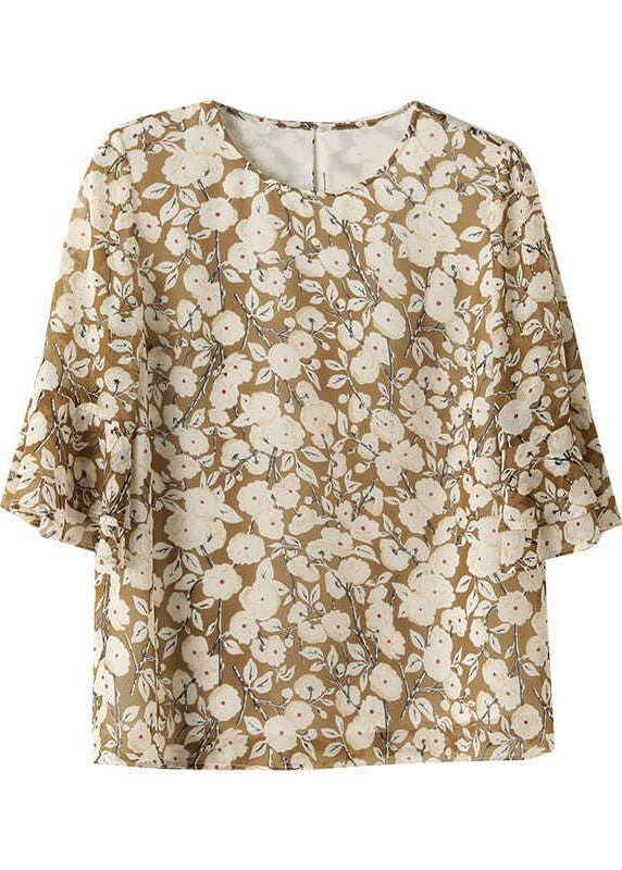 French Green O-neck Print Chiffon Shirt Top Flare Sleeve