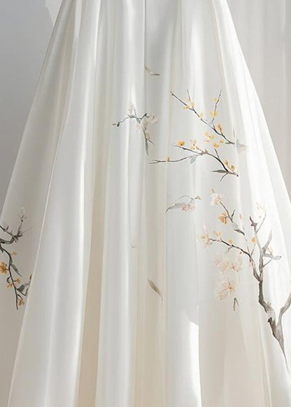 Chinese Style White High Waist Print Chiffon Skirts Fall