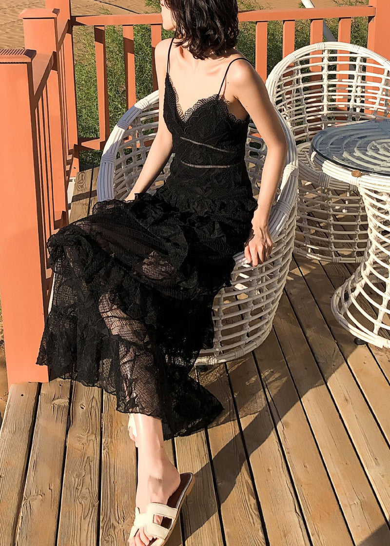 Black Backless High Waist Lace Spaghetti Strap Dress Sleeveless