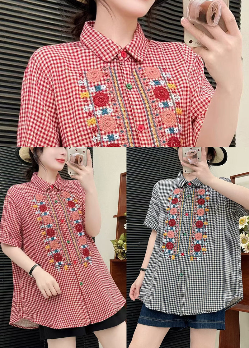 Red Embroidered Plaid Linen Tops Summer