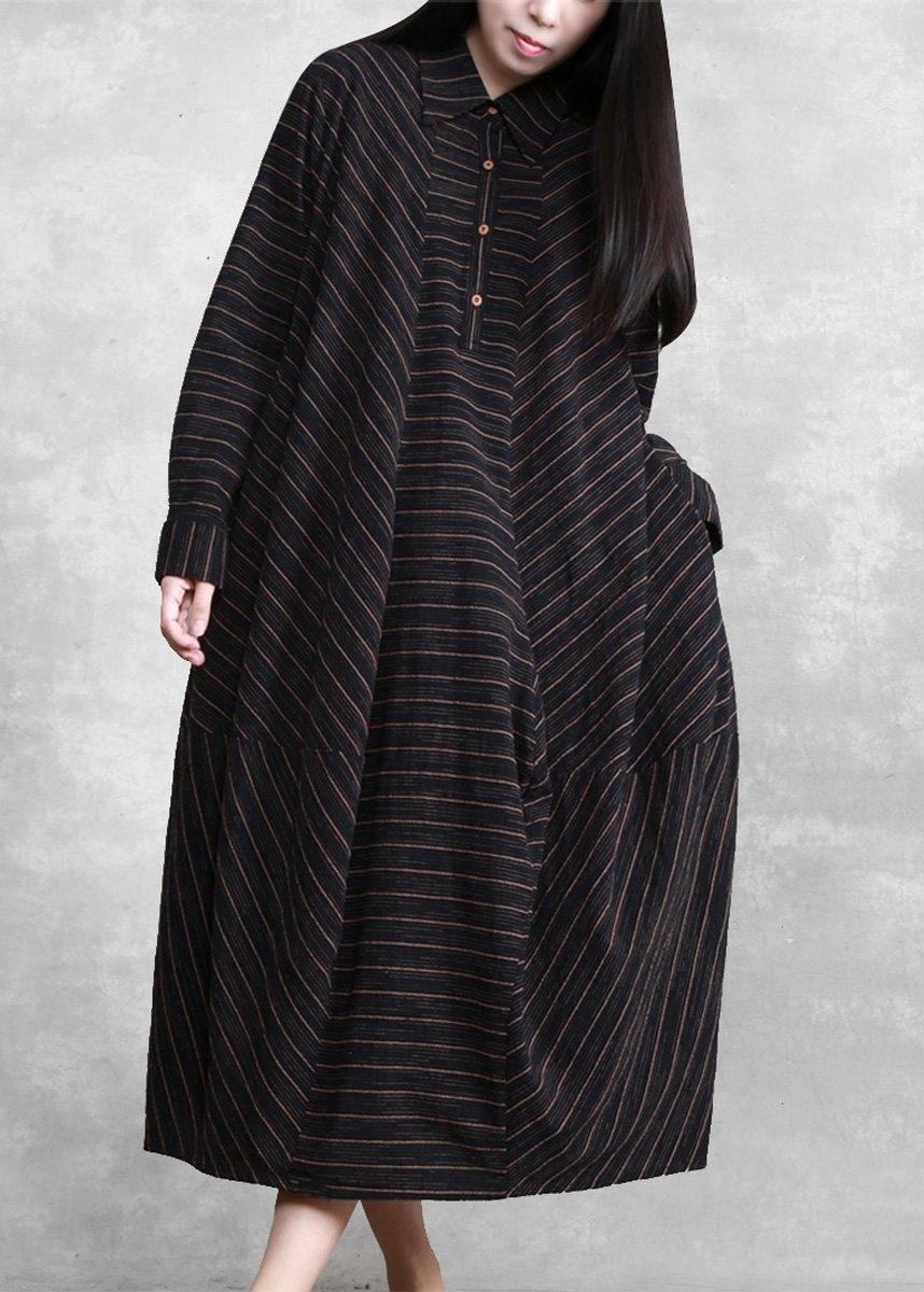 Natural Black Striped Linen Dresses Spring Gown